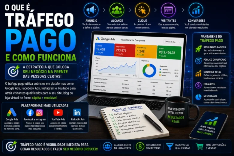 Tráfego pago é, de maneira geral, o conjunto de visitas e ações geradas a partir de campanhas publicitárias em plataformas digitais