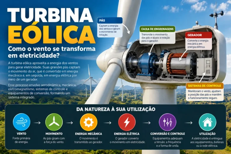 A turbina eólica é um equipamento desenvolvido para aproveitar a energia presente nos ventos e transformá-la em energia elétrica.